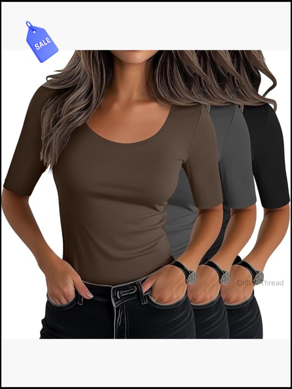 Slim Fit Scoop Neck Half Sleeve Cotton Blend Tees 3 Pack Women's Tops